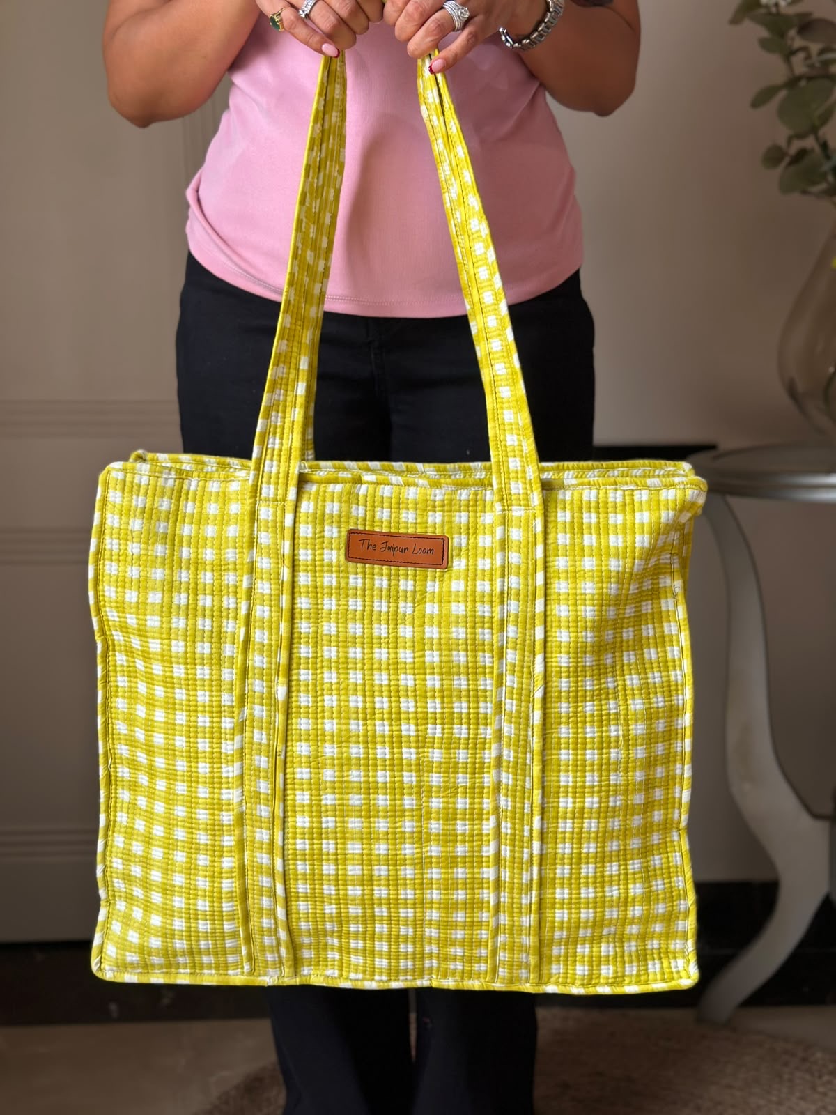 Quilted Tote Bag- Green Gingham