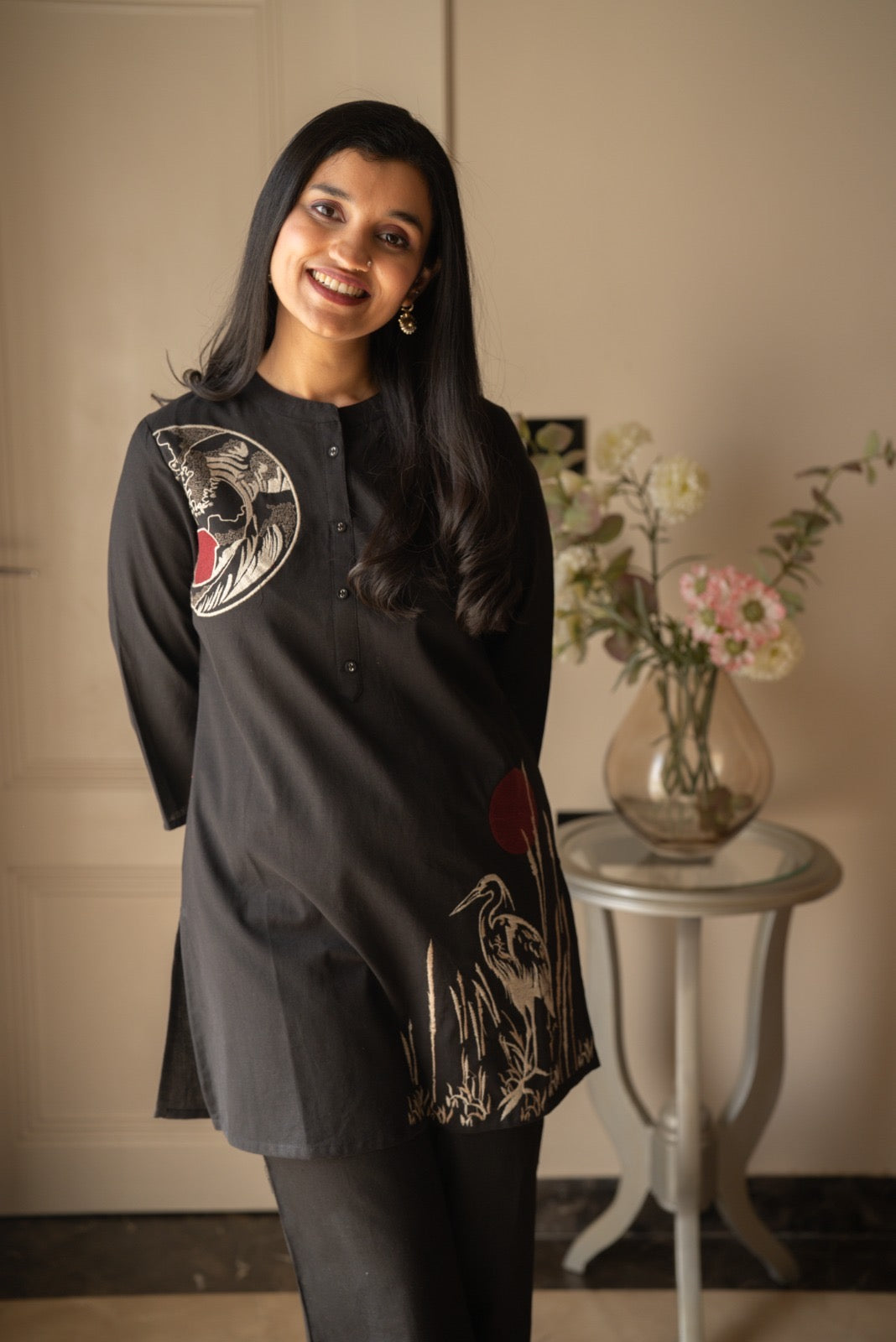 Aarya Elegant Slub Coord Set- Black