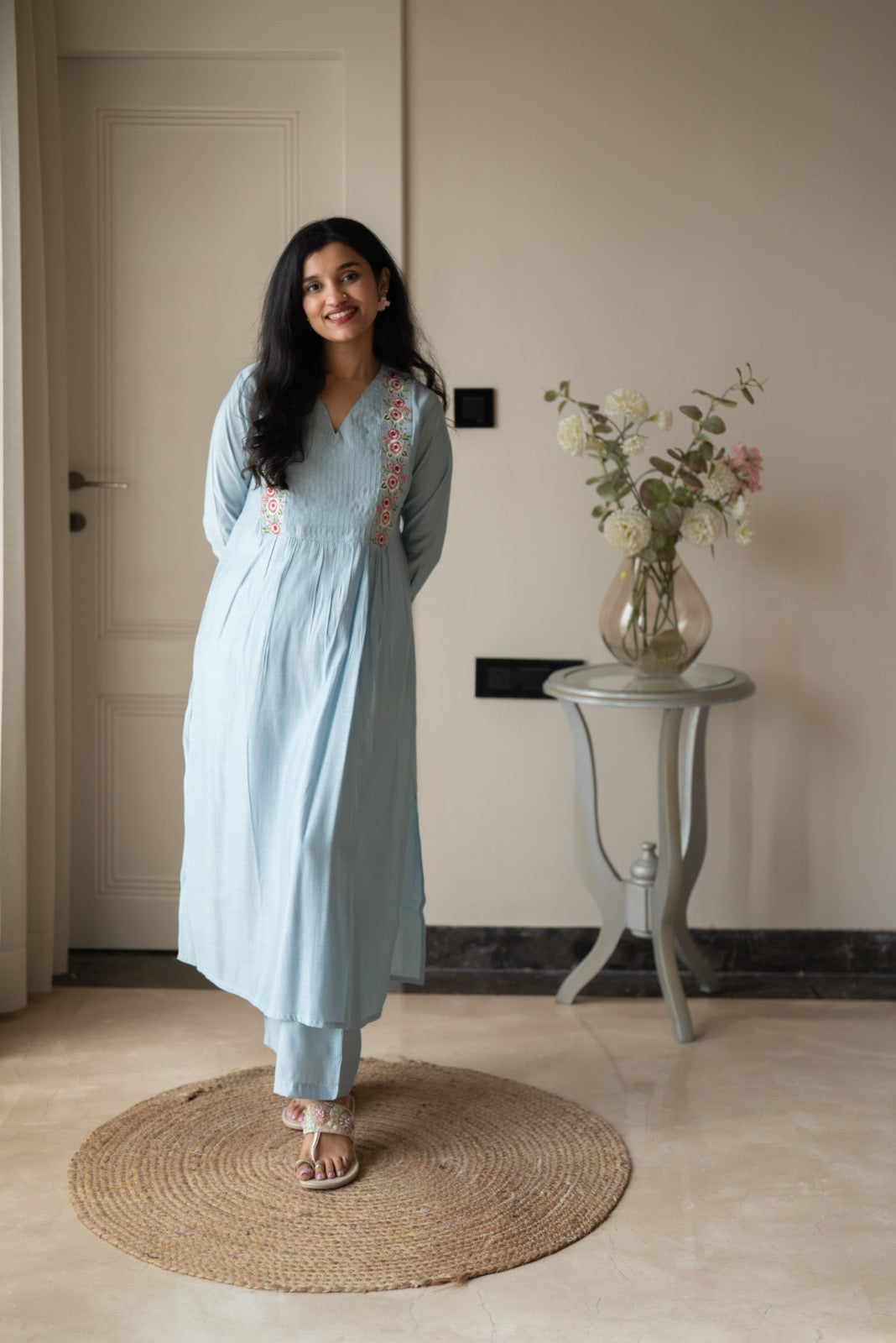 Amber Muslin Embroidered Pant Set- Pastel Blue