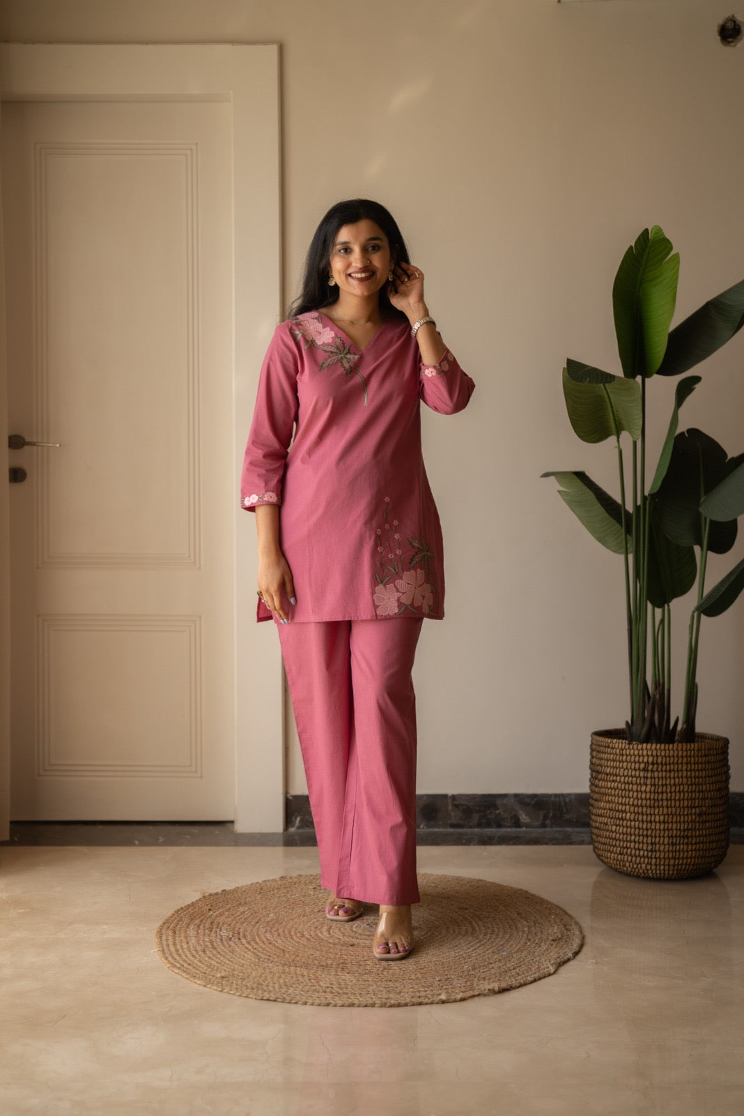 Ginni Embroidered Cotton Coord Set- Pink
