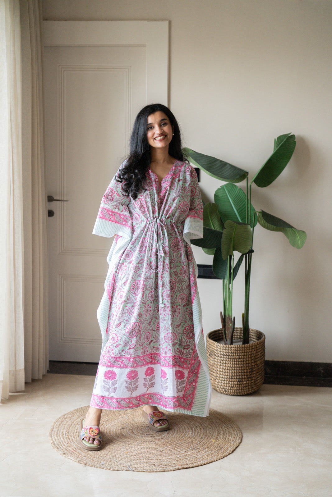 Kashi Block Print Kaftan- Pastel Green Bel