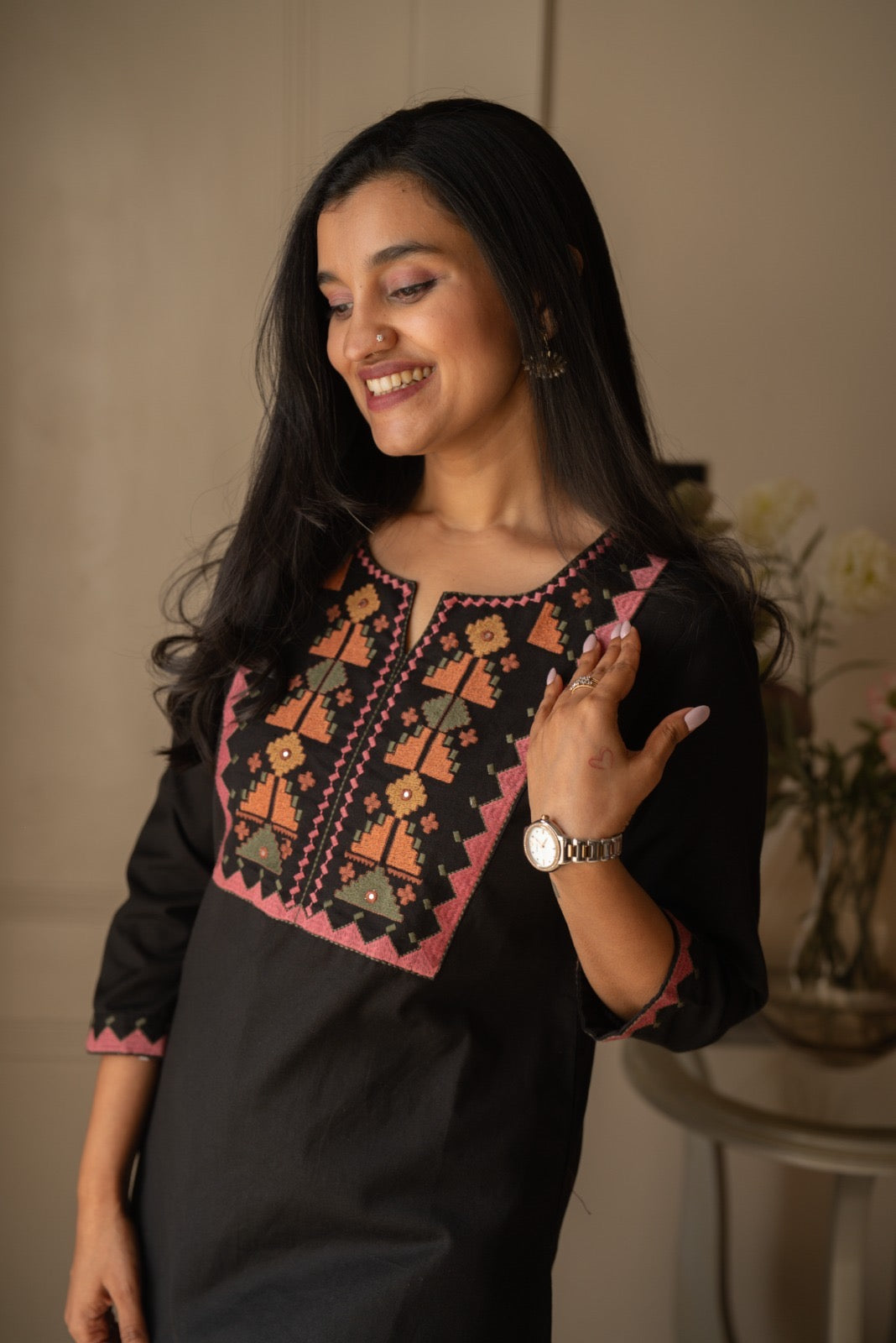 Lizi Embroidered Short Kurti- Black