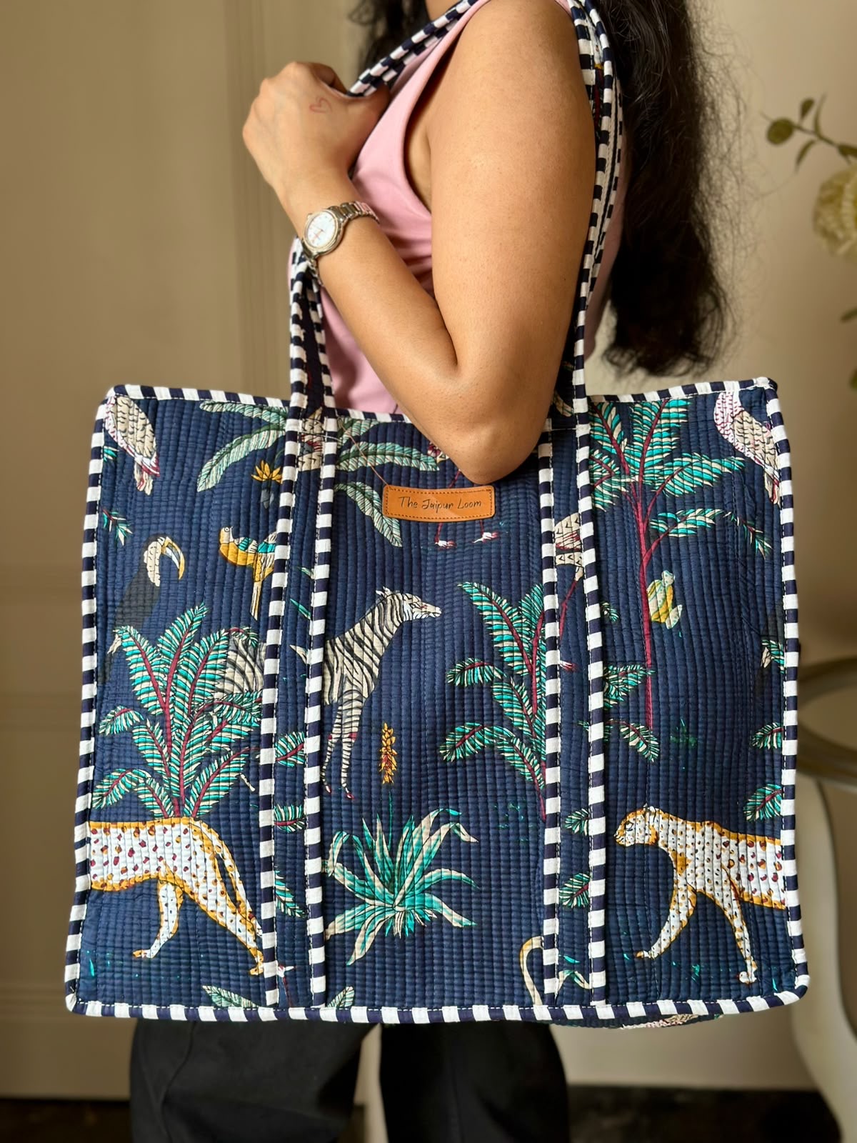 Quilted Tote Bag- Blue Jungle