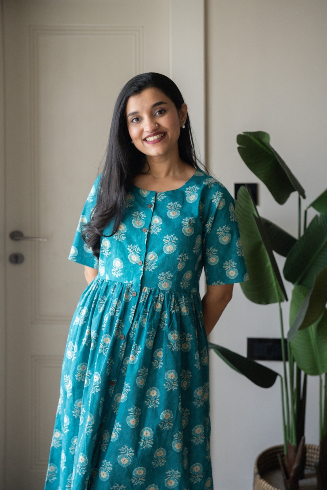 Drishy Maternity Cotton Dress- Blue Booti