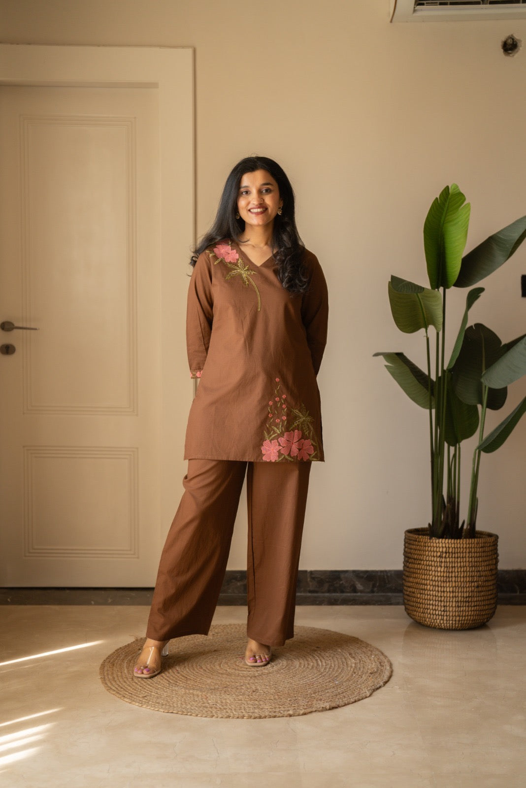 Ginni Embroidered Cotton Coord Set- Brown