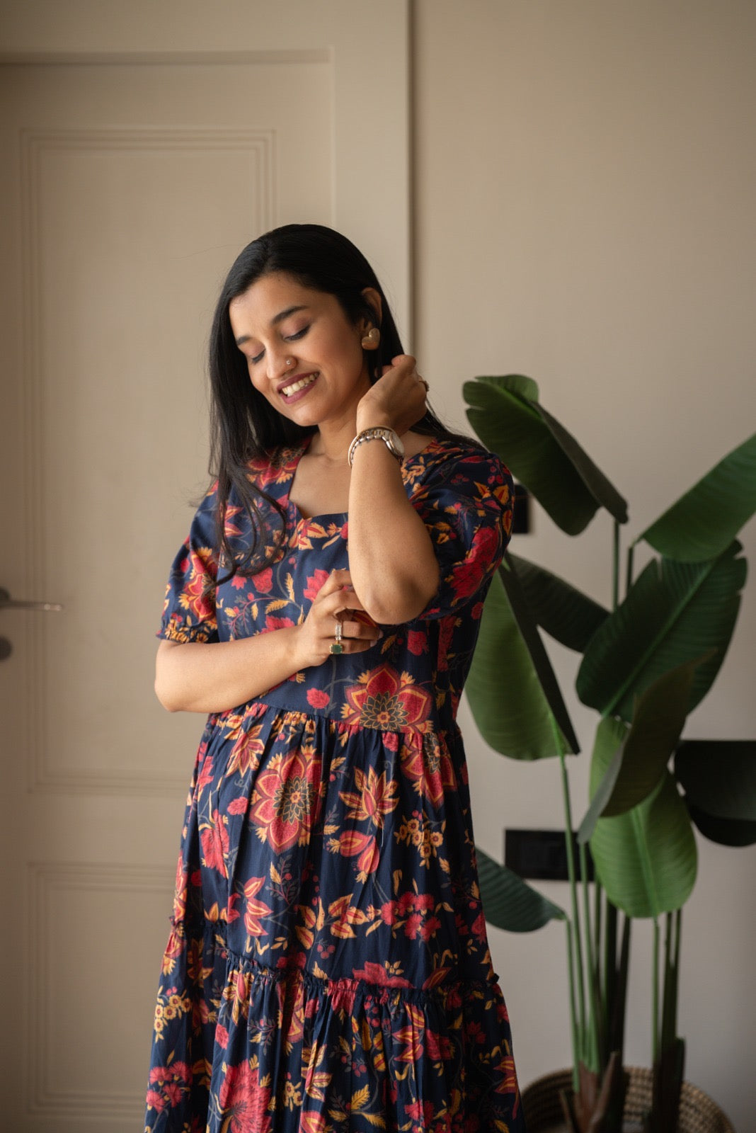 Prisha Tiered Maxi Dress- Dark Blue Florals