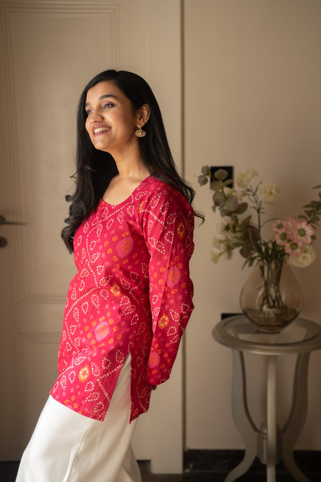 Griya Cotton Short Kurti- Pink Bandhej