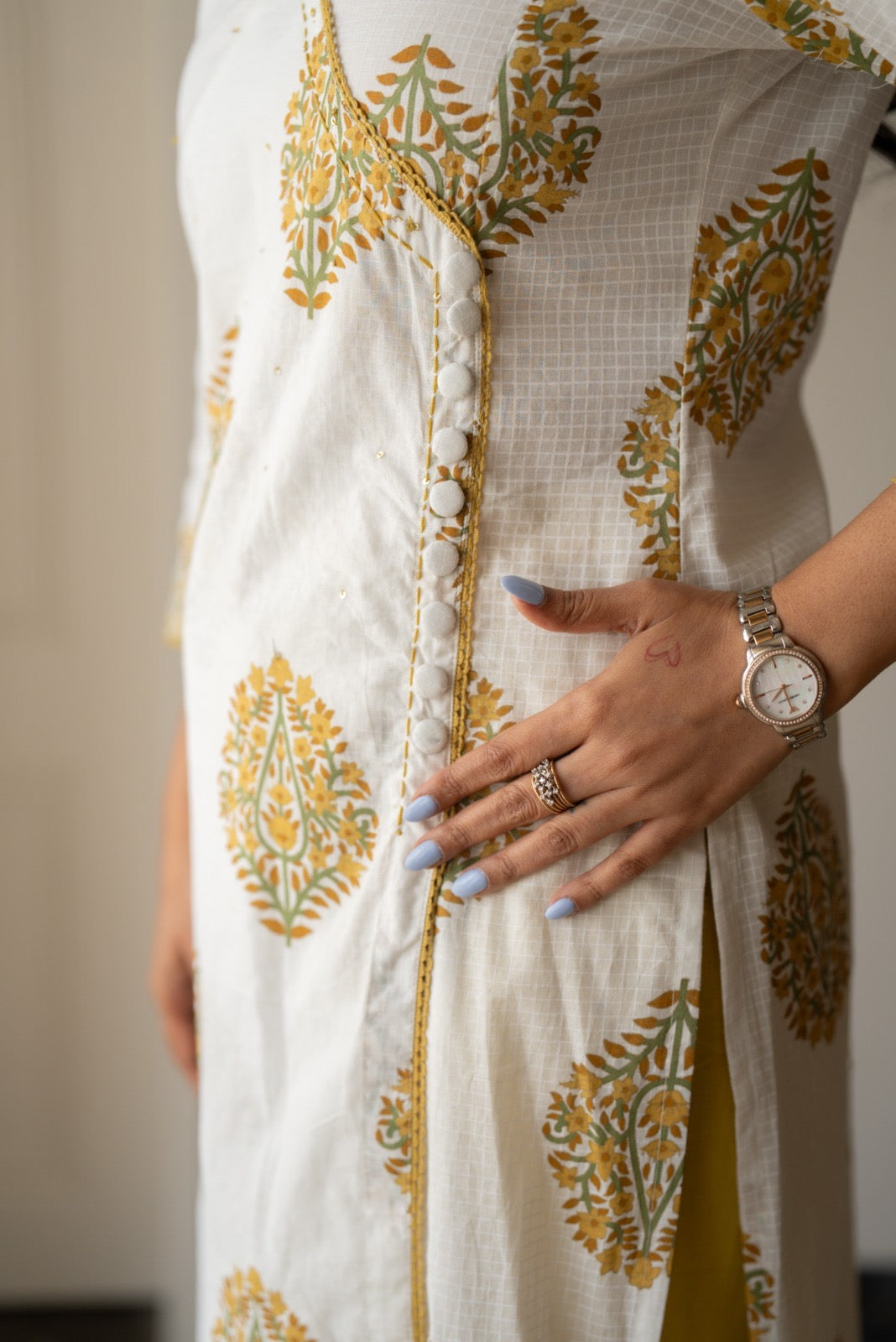 Ruh Angrakha White Boota Set- Yellow