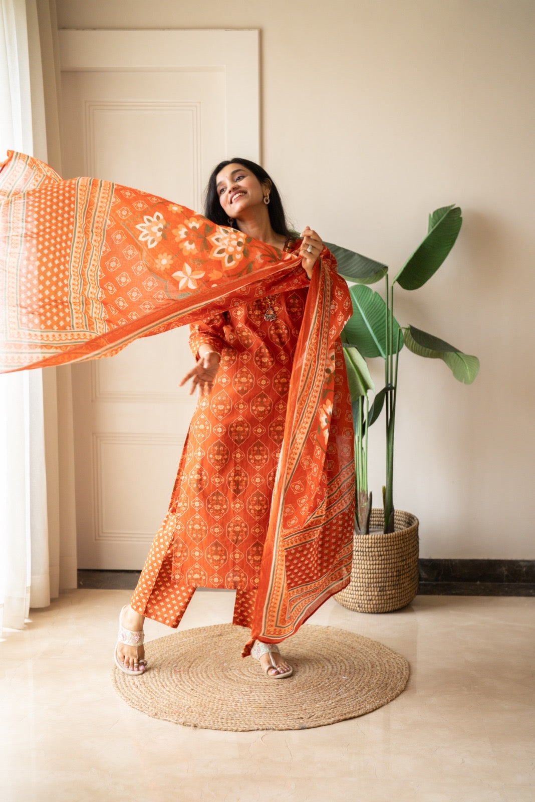 Suryana Cotton Suit- Orange Mehrab