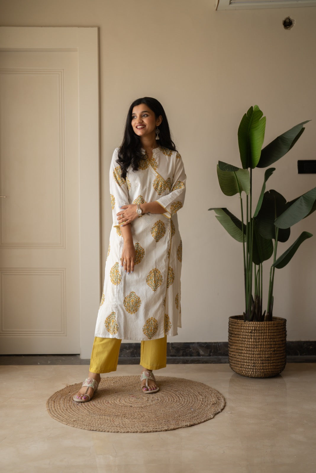 Ruh Angrakha White Boota Set- Yellow