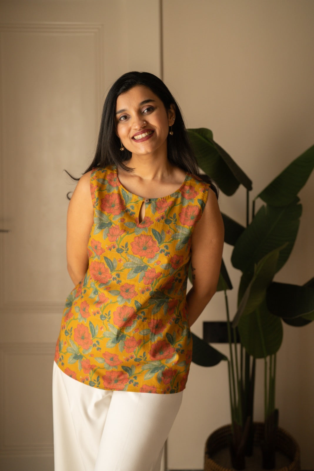 Lily 2.0 Sleeveless Cotton Top- Mustard Florals