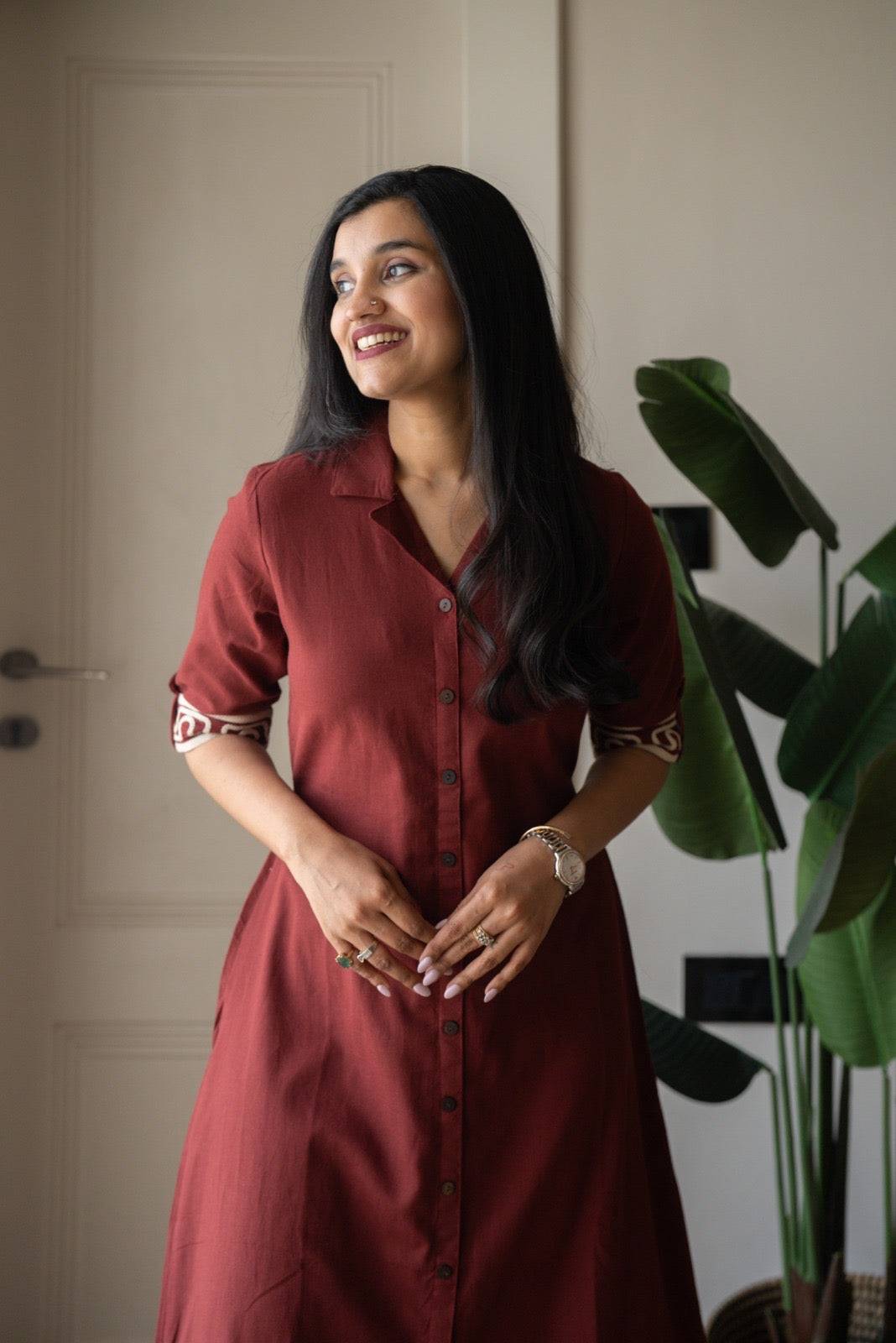 Zavya A-line Embroidered Dress- Brick