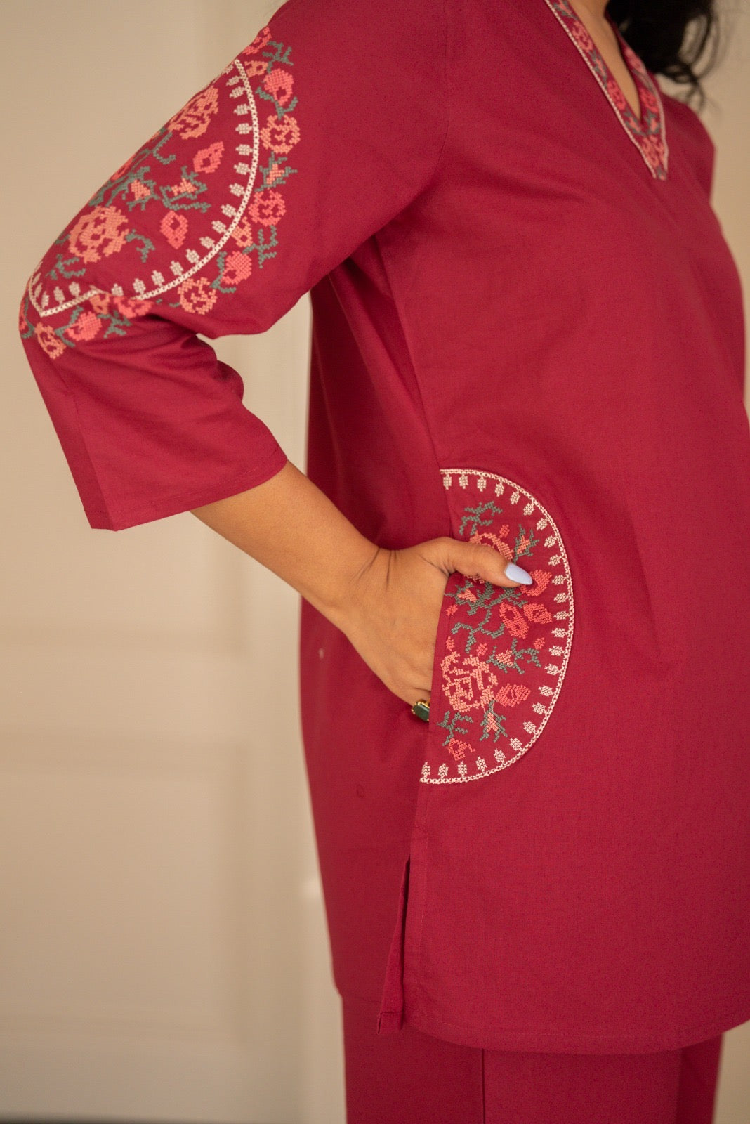 Risha Embroidered Coord Set- Dark Pink