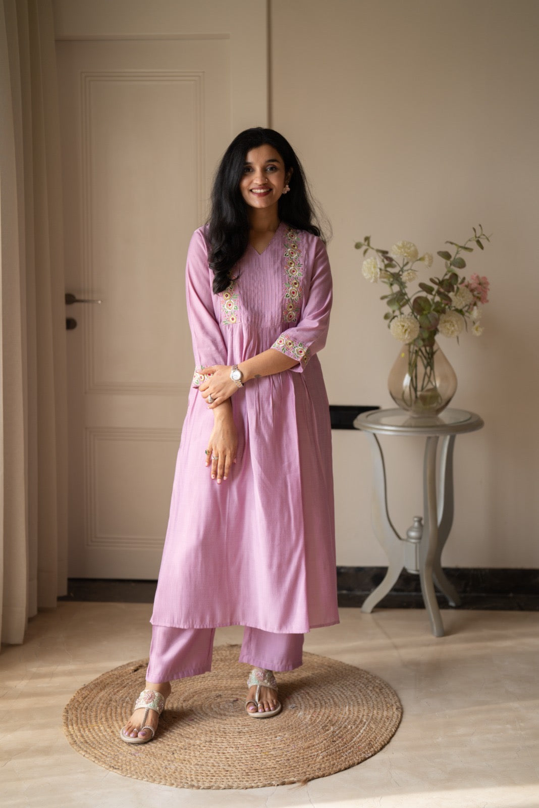 Amber Muslin Embroidered Pant Set- Pastel Pink