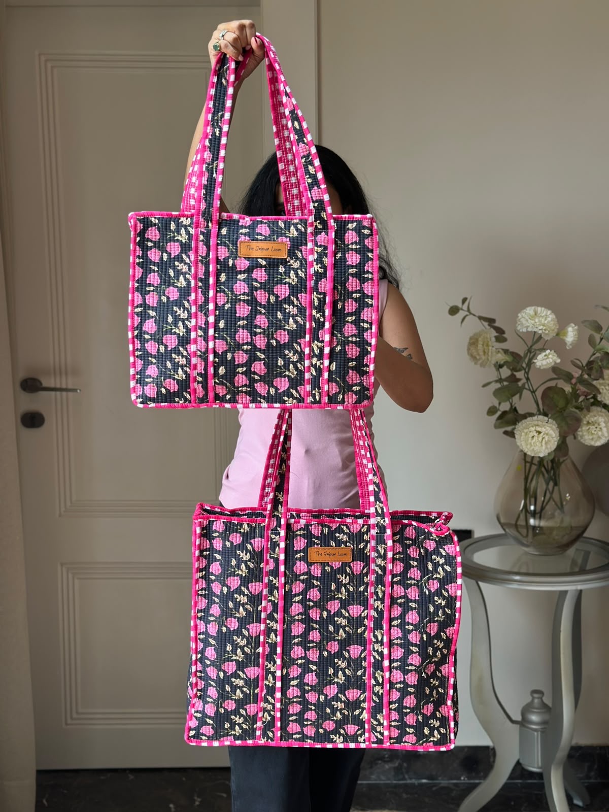 Quilted Tote Bag- Black Pink Florals