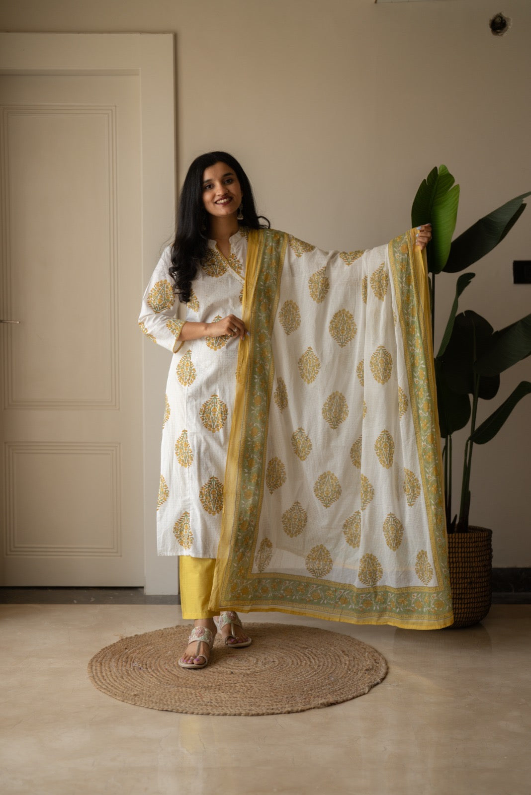 Ruh Angrakha White Boota Set- Yellow