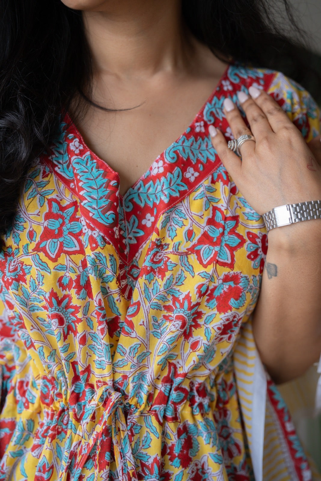 Kashi Block Print Kaftan- Bright Yellow Florals