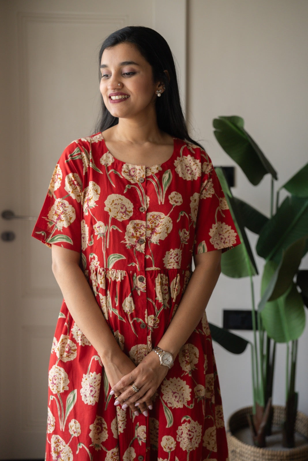 Drishy Maternity Cotton Dress- Red Florals