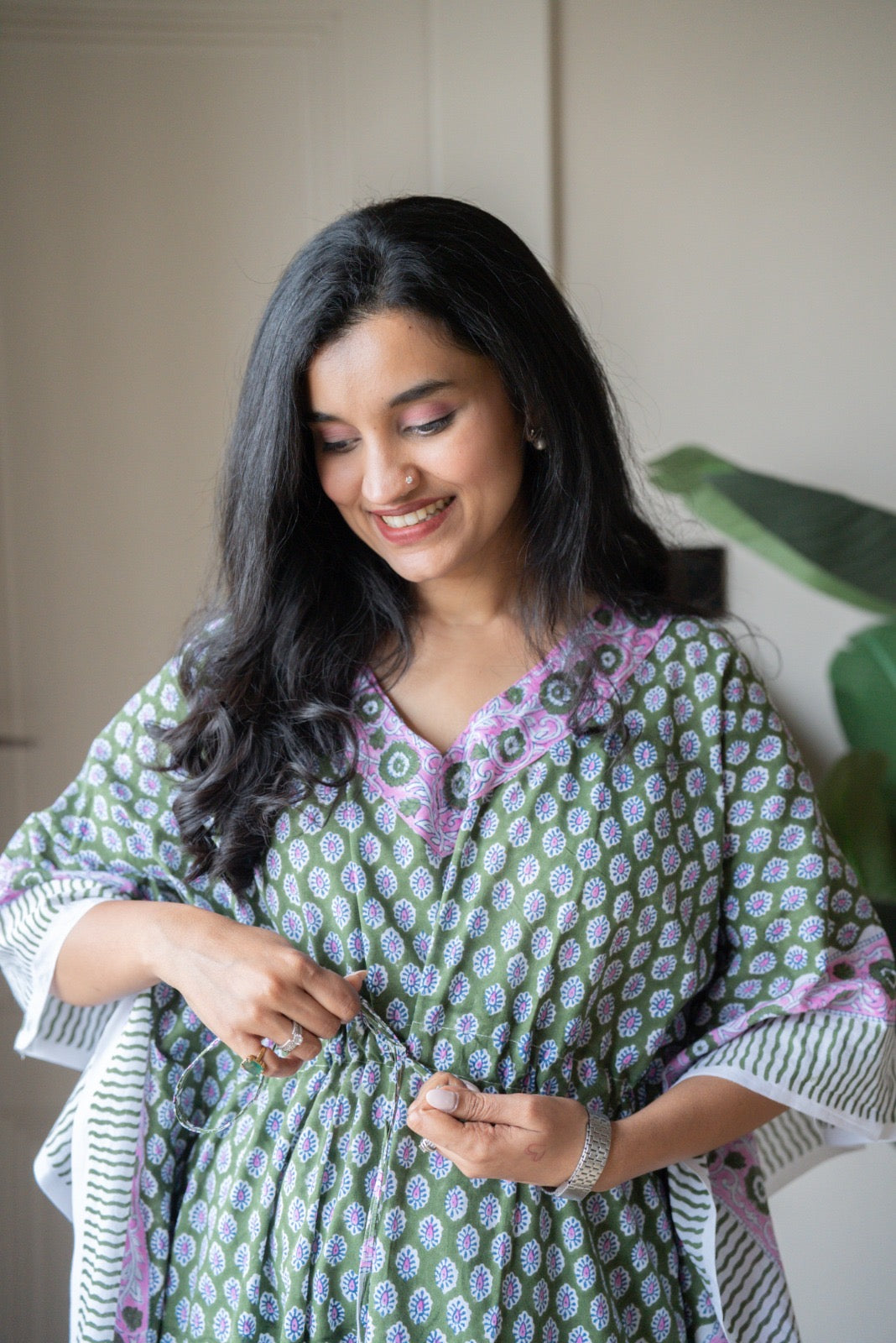 Kashi Block Print Kaftan- Dark Green Booti