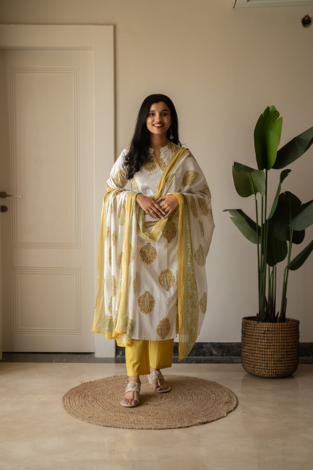 Ruh Angrakha White Boota Set- Yellow