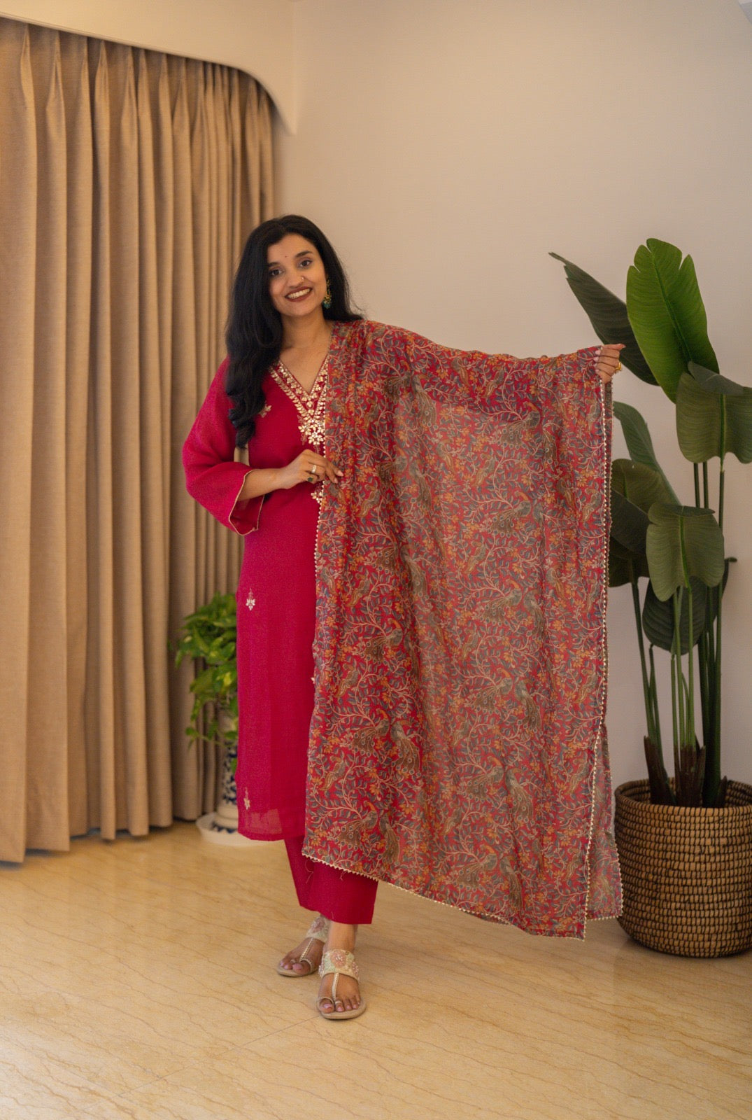 Samia Mul Chanderi Printed Dupatta Set- Dark Pink