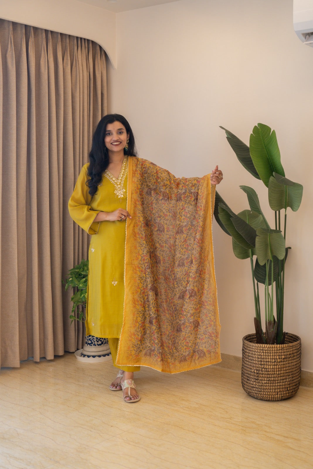 Samia Mul Chanderi Printed Dupatta Set-Mustard