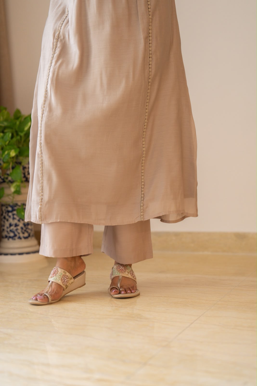 Aaina Embroidered Mul Chanderi Suit- Nude
