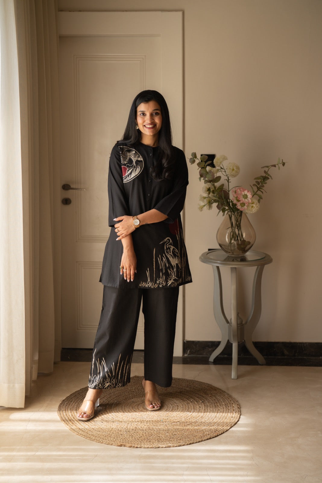 Aarya Elegant Slub Coord Set- Black