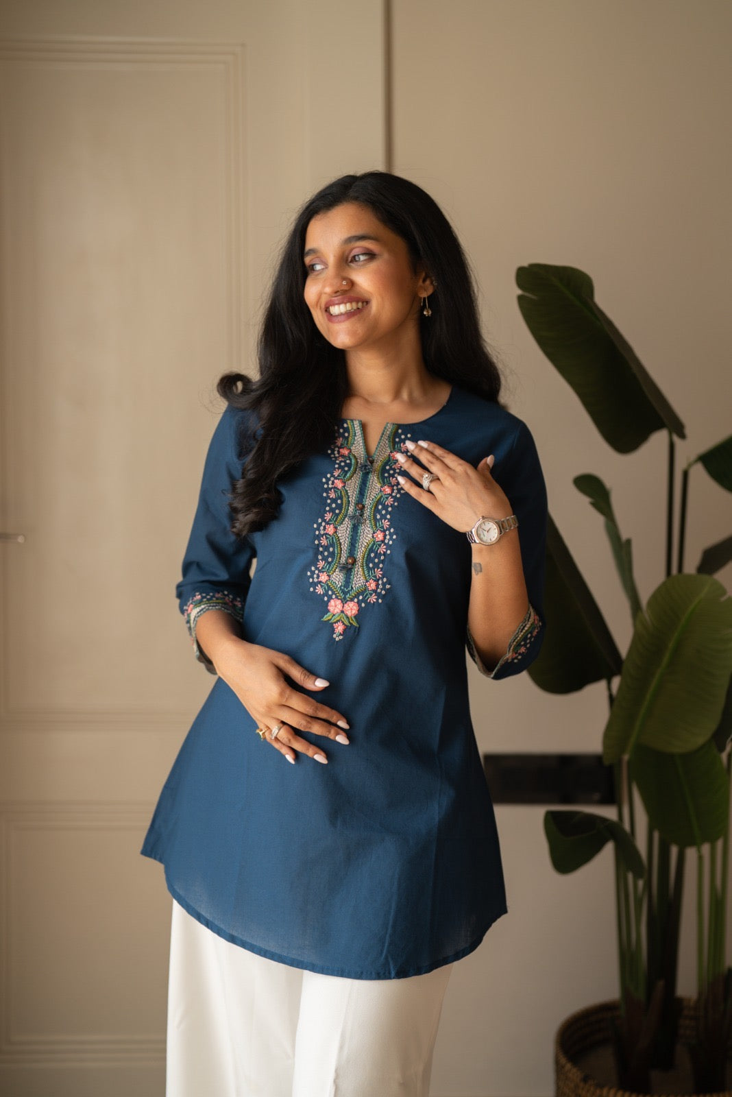 Roma Embroidered Cotton Top- Blue