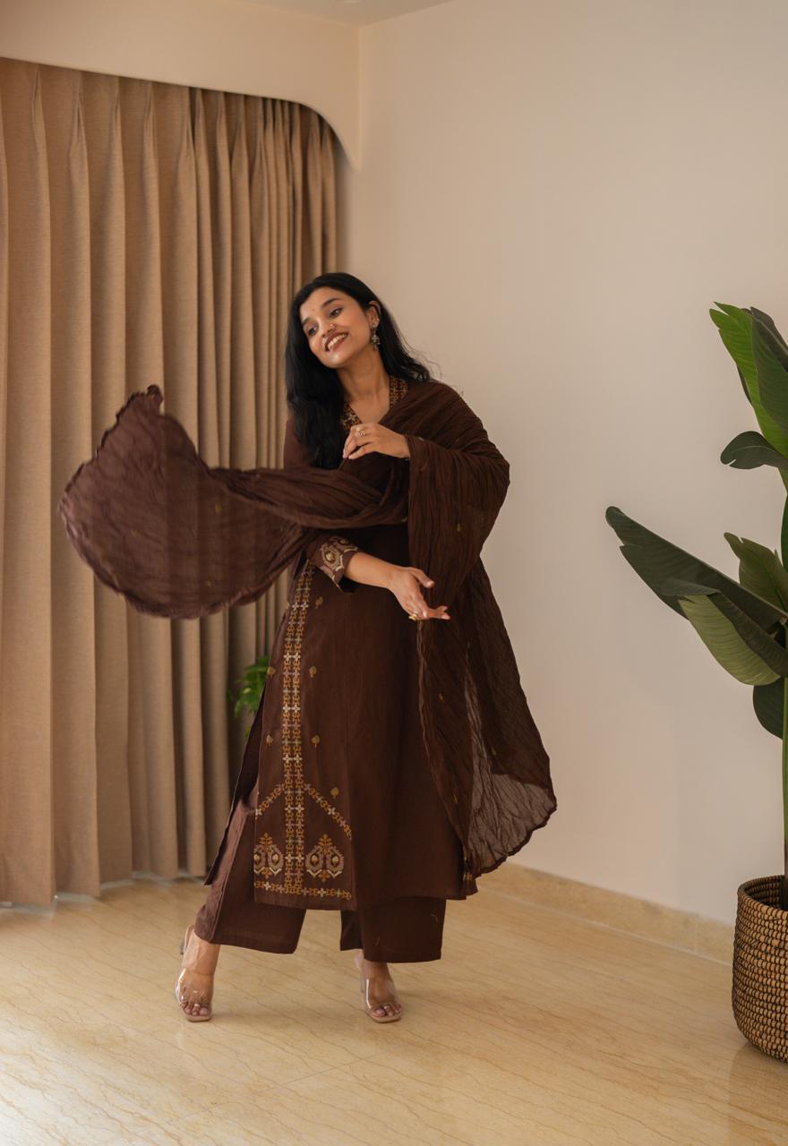 Tamana Embroidered A-line Suit- Brown