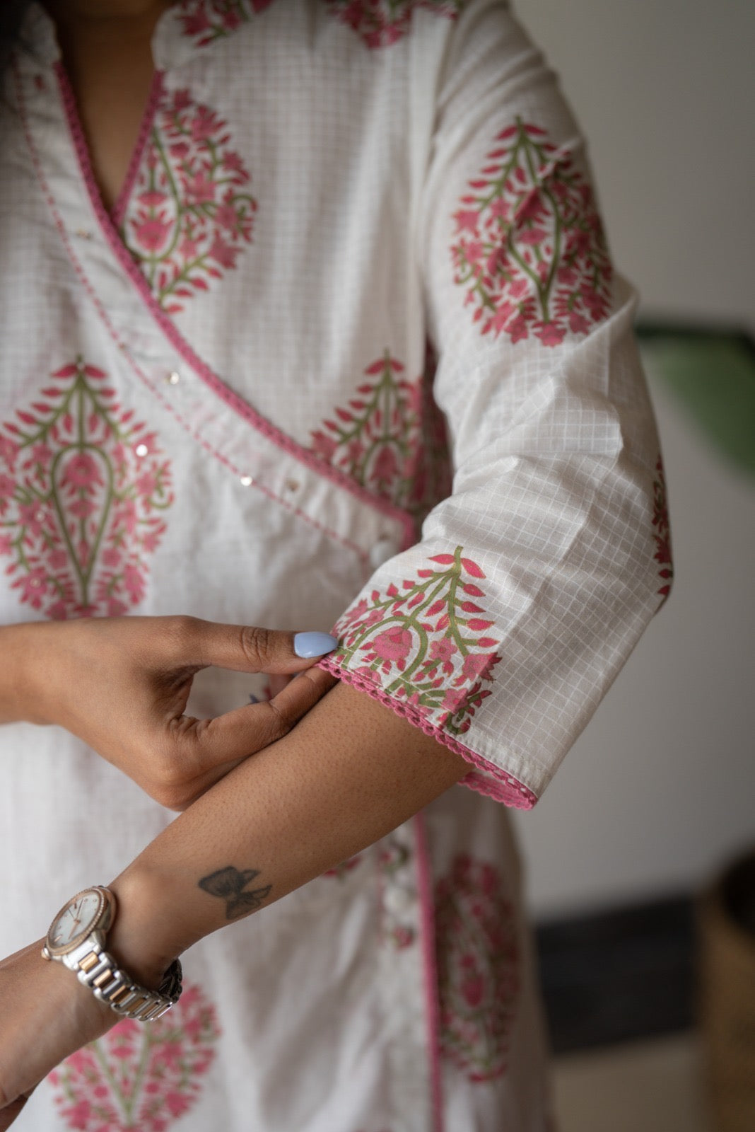 Ruh Angrakha White Boota Set- Pink