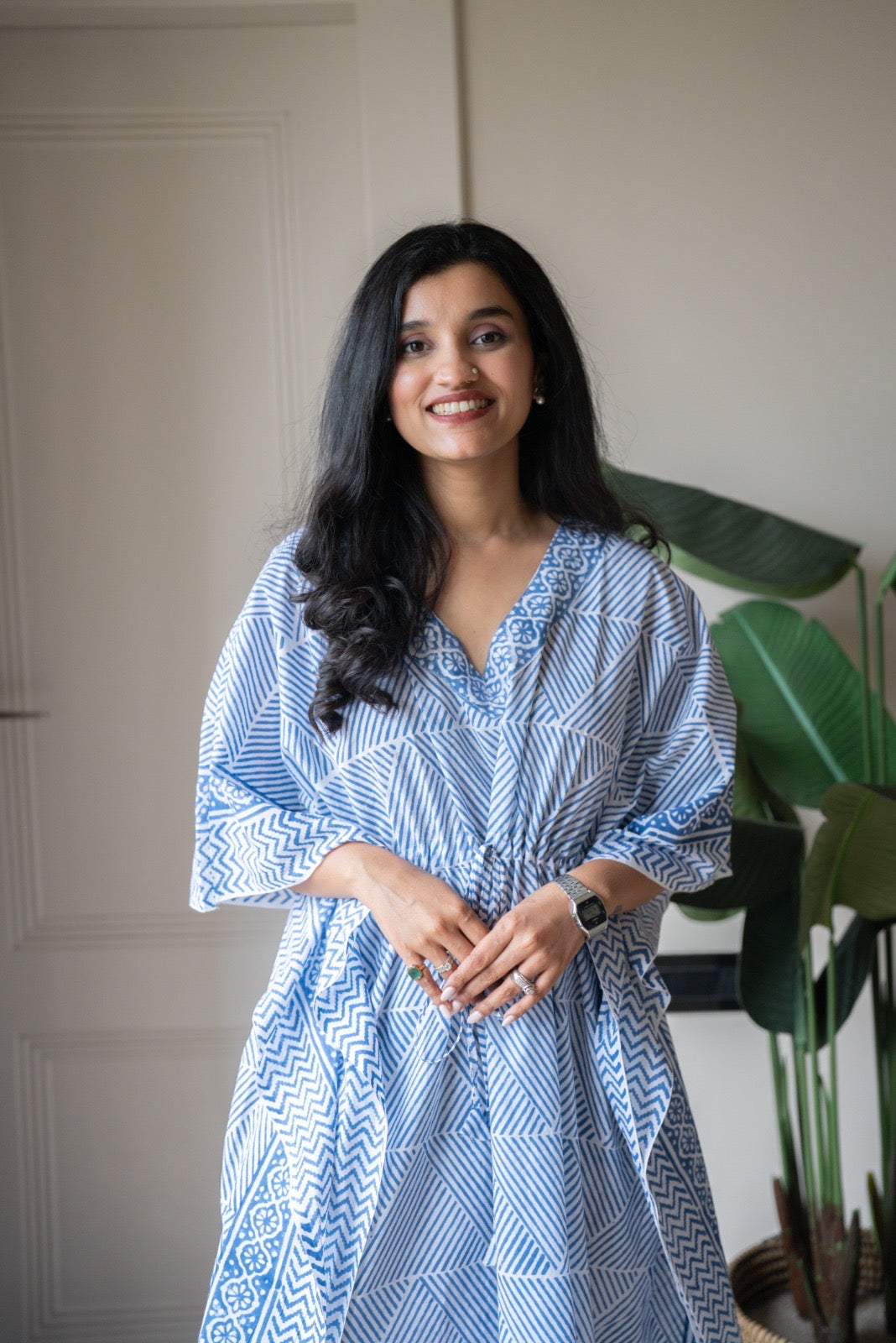 Kashi Block Print Kaftan- Indigo Stripes