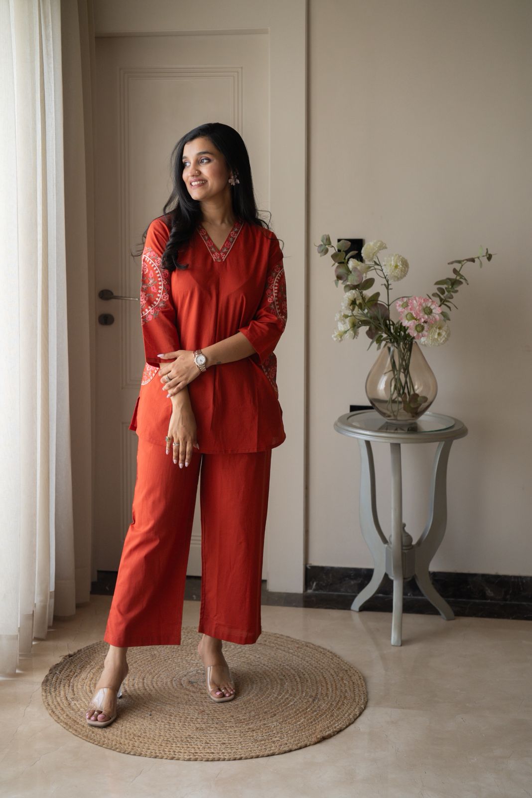 Risha Embroidered Coord Set- Orange
