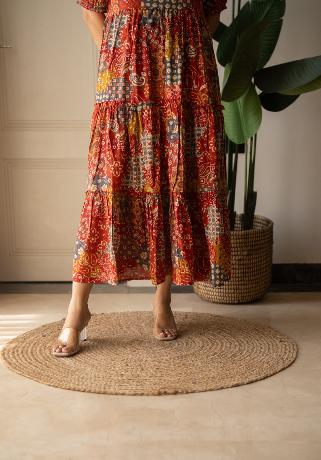 Prisha Tiered Maxi Dress- Red Mix