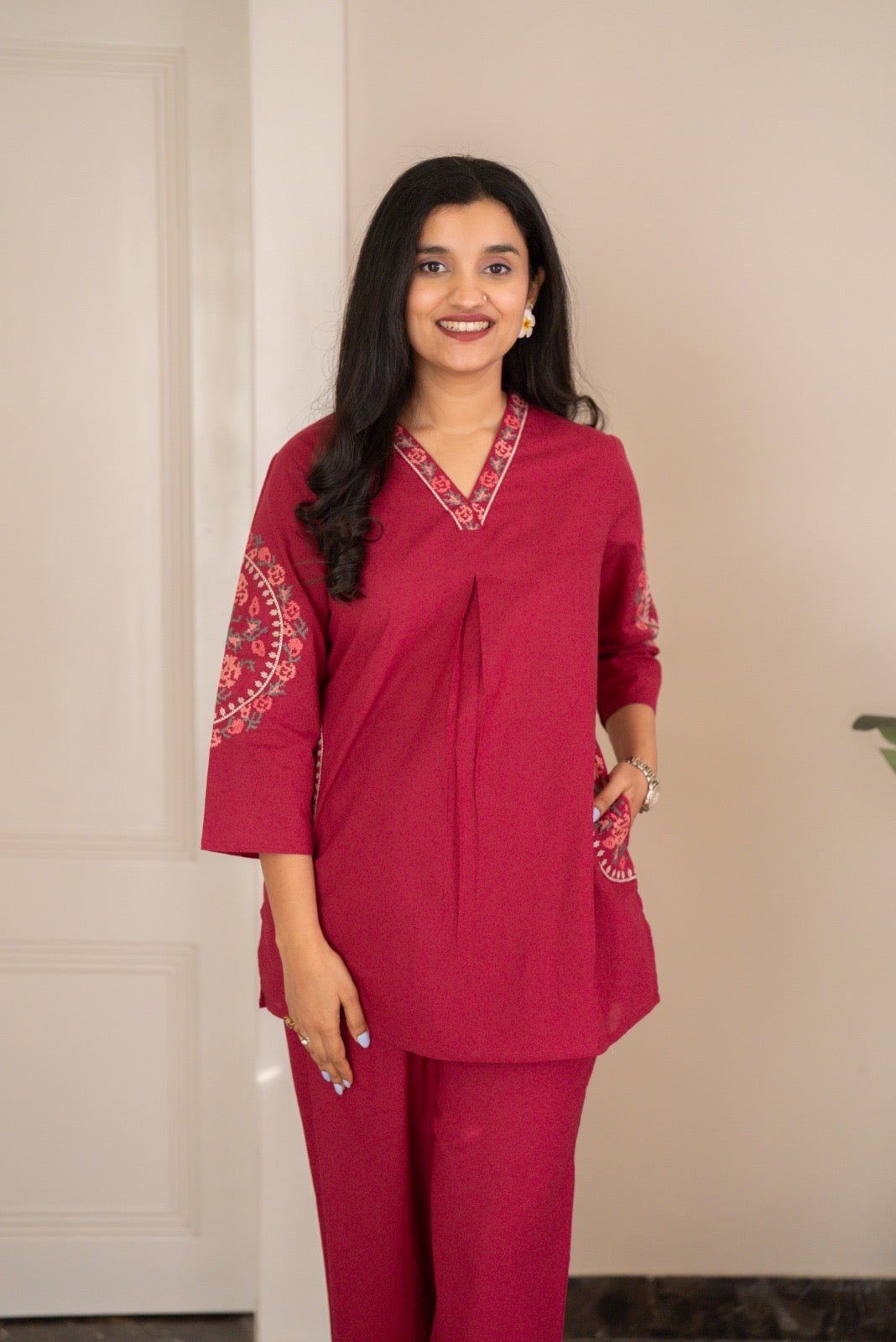 Risha Embroidered Coord Set- Dark Pink