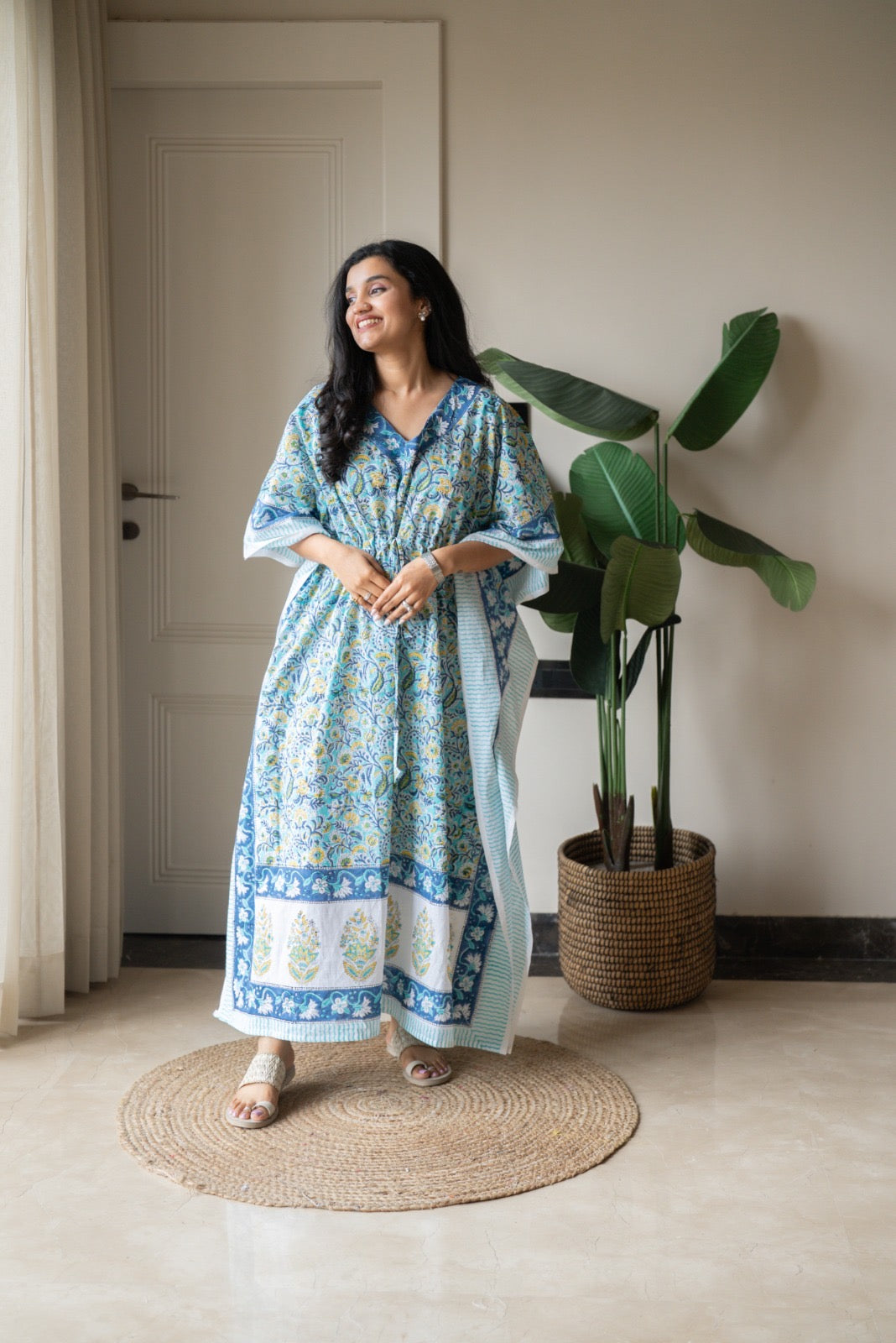 Kashi Block Print Kaftan- Aqua