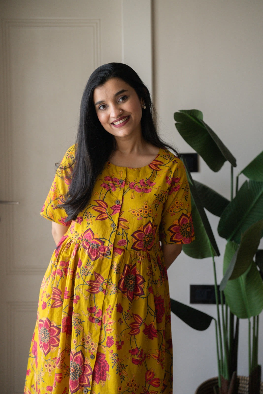 Drishy Maternity Cotton Dress- Mustard Florals