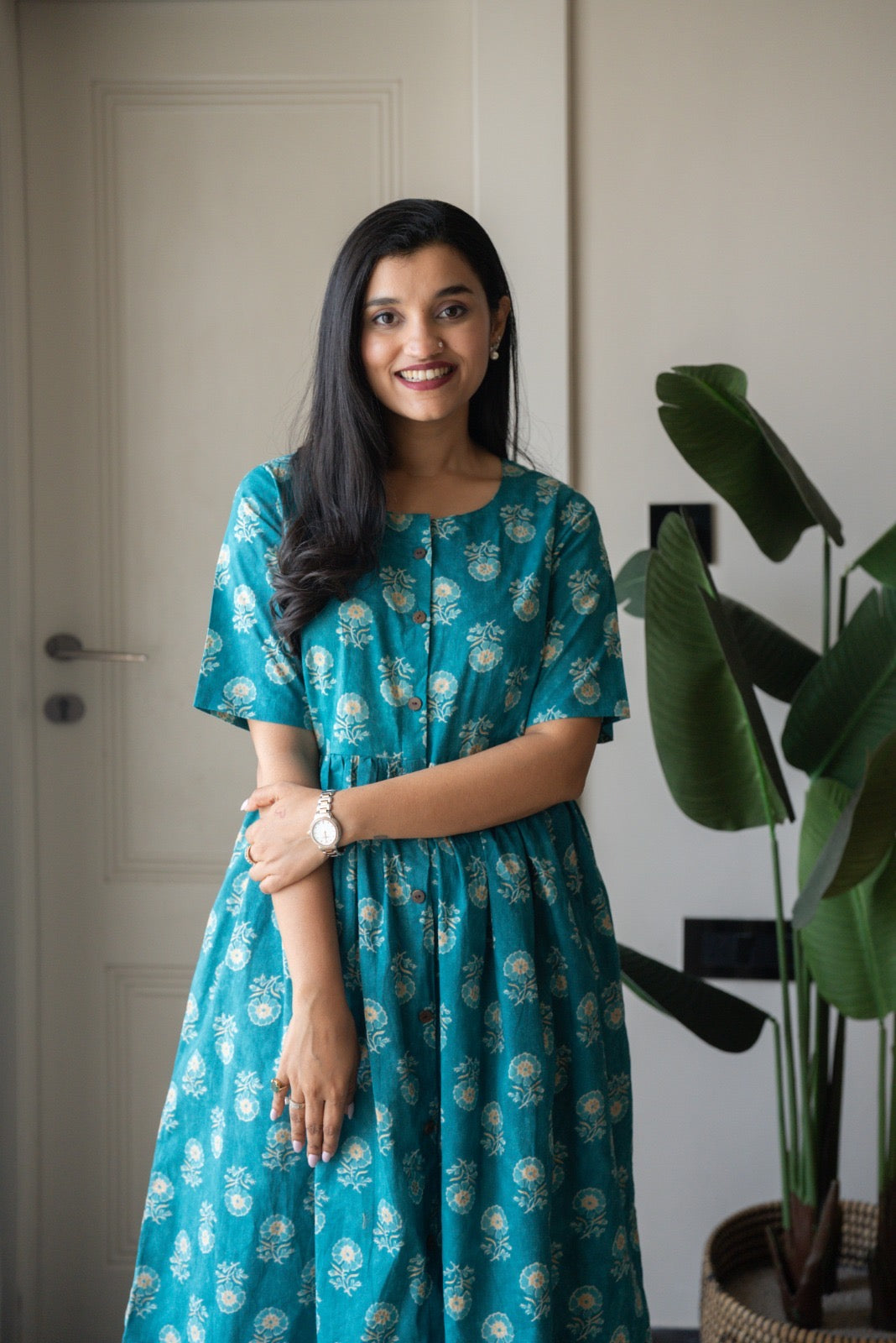 Drishy Maternity Cotton Dress- Blue Booti