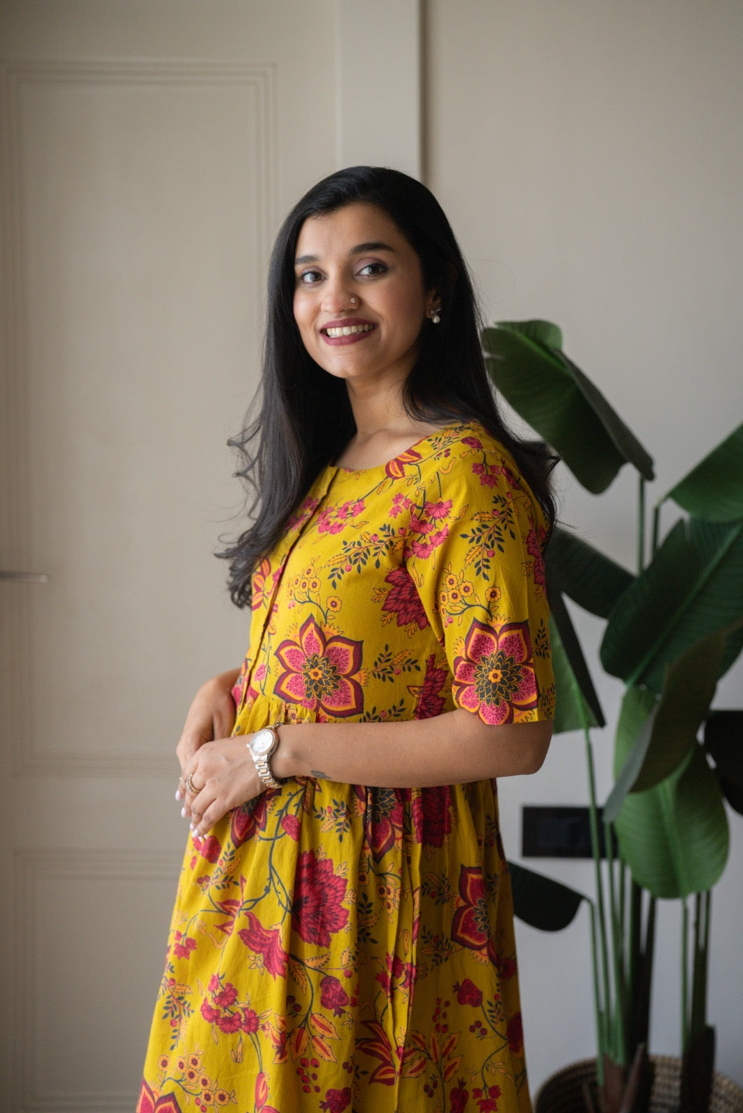 Drishy Maternity Cotton Dress- Mustard Florals