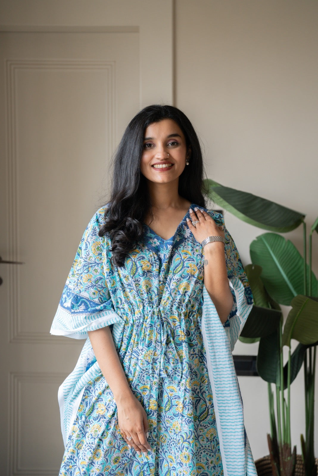 Kashi Block Print Kaftan- Aqua