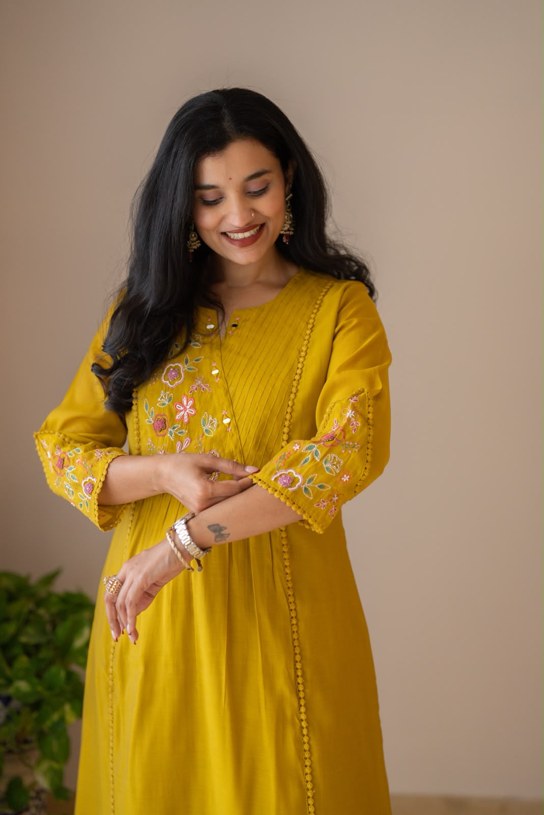 Aaina Embroidered Mul Chanderi Suit- Mustard