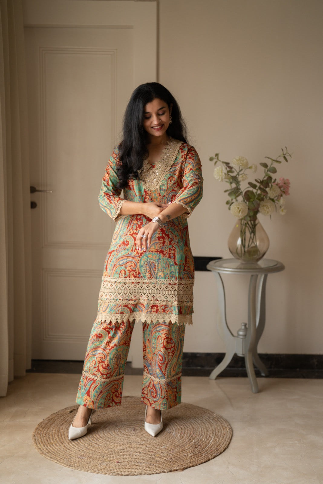 Nitara Farshi Lace Coord Set- Maroon