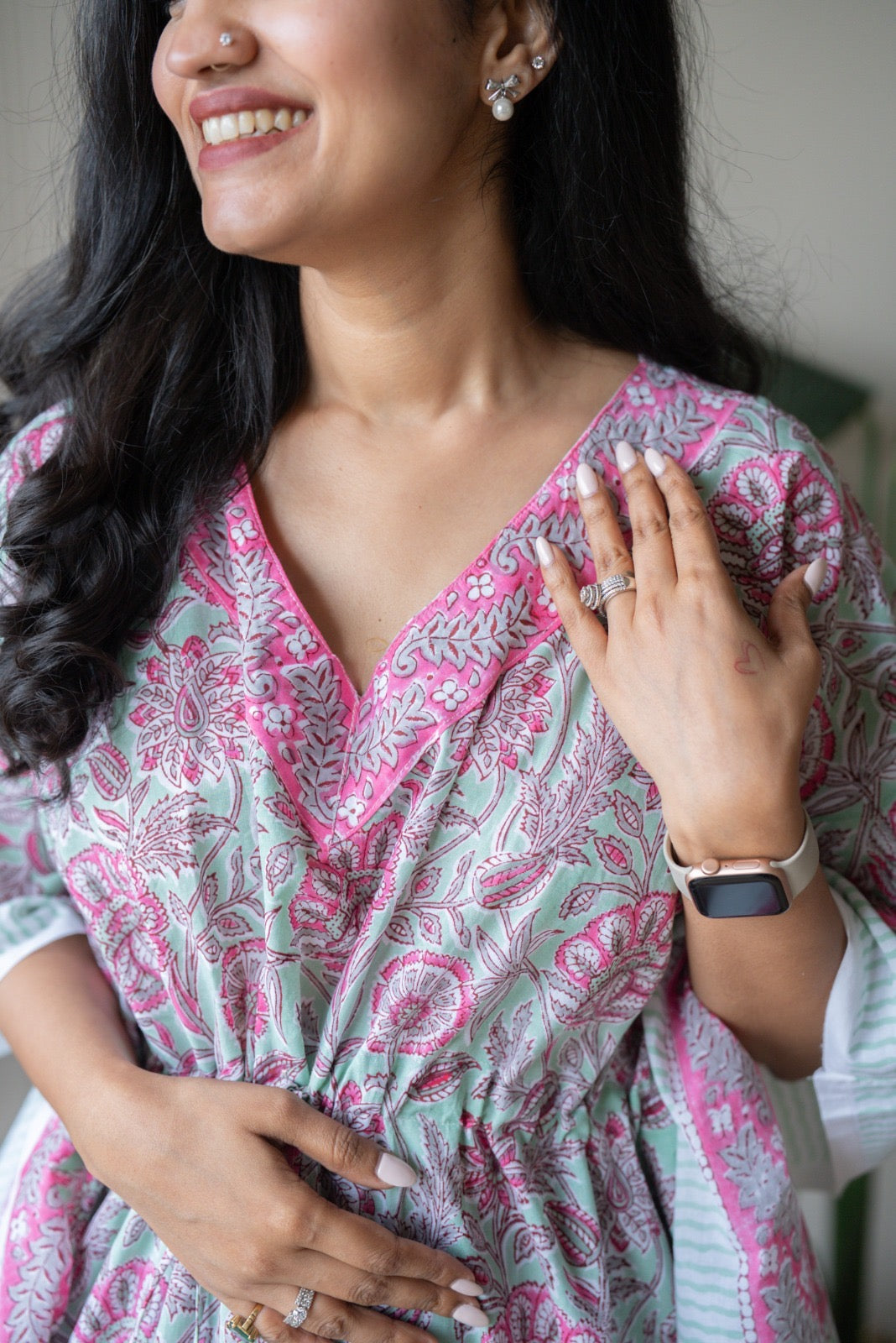 Kashi Block Print Kaftan- Pastel Green Bel