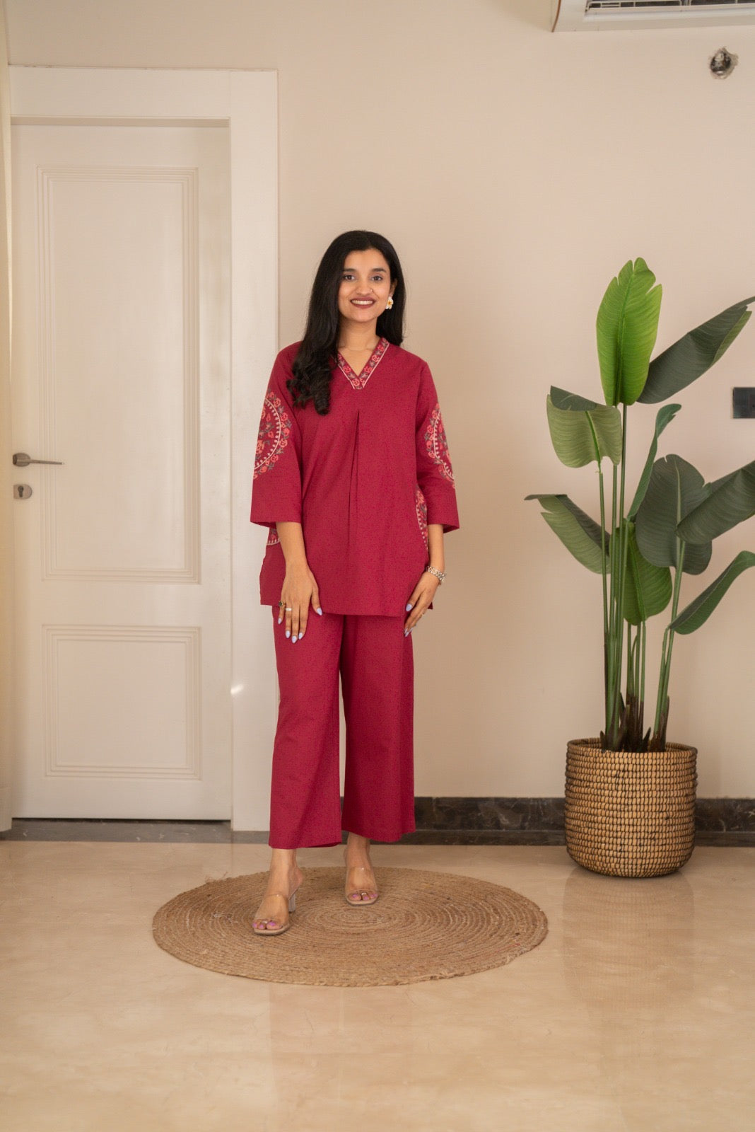 Risha Embroidered Coord Set- Dark Pink