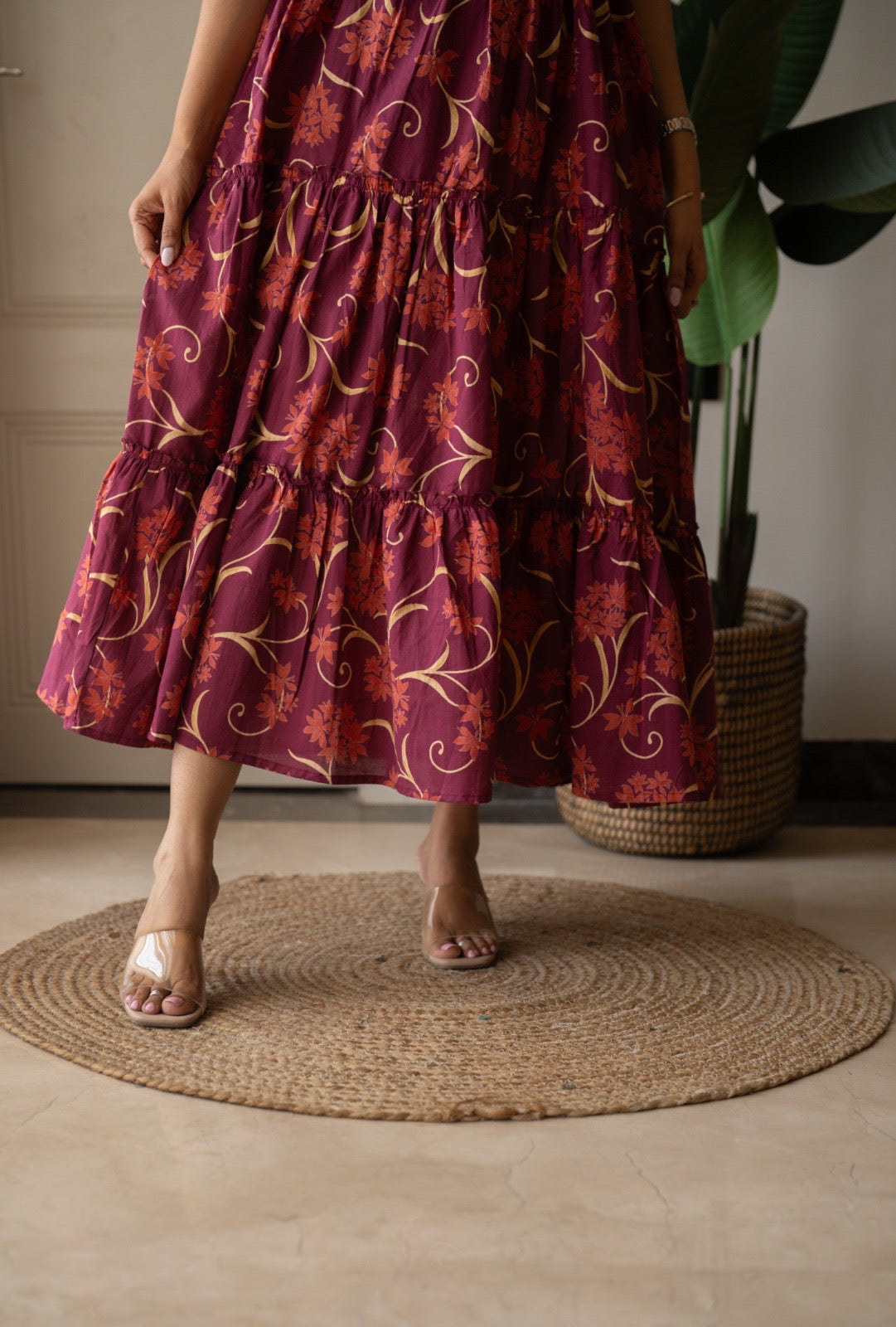 Prisha Tiered Maxi Dress- Dark Pink Florals