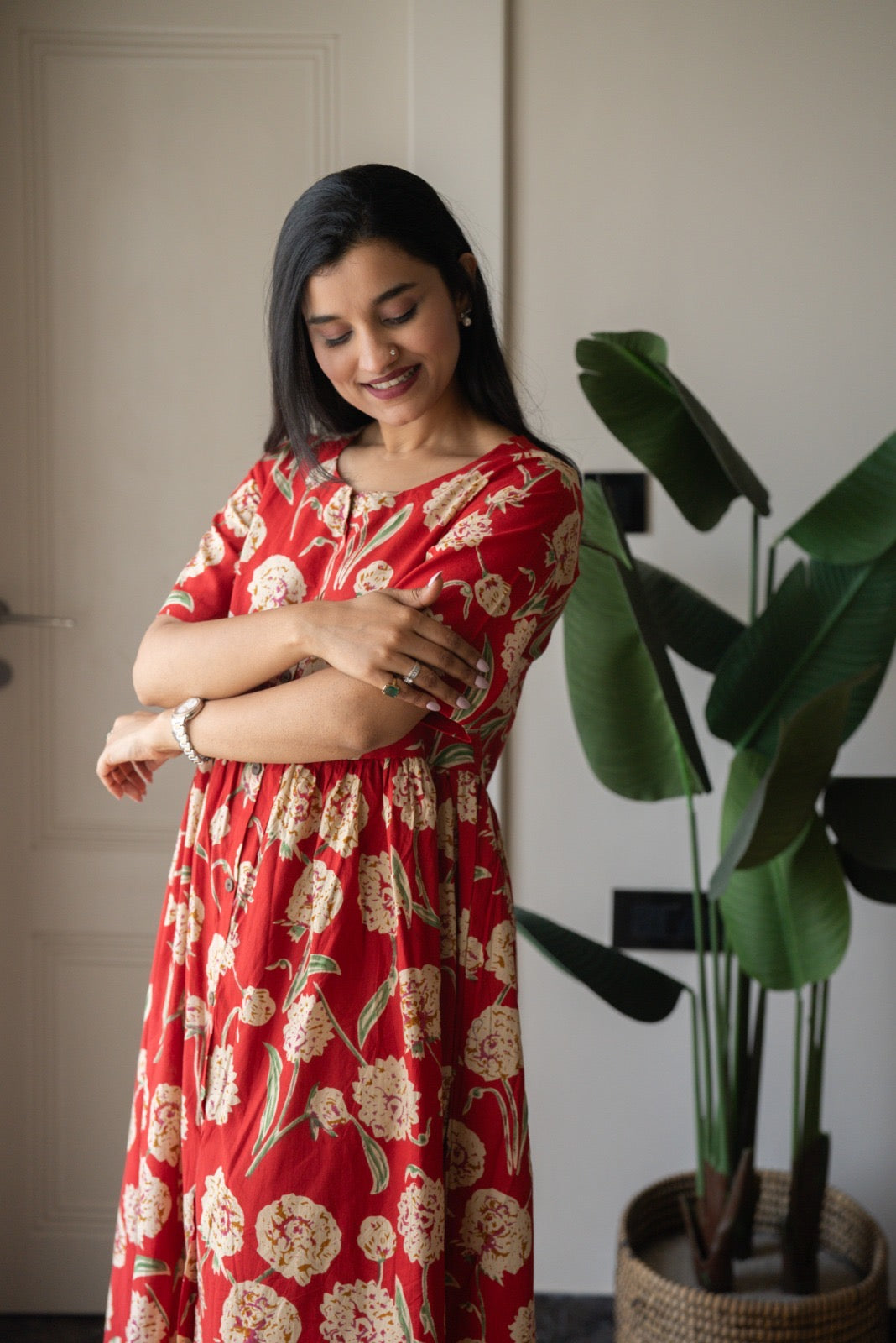 Drishy Maternity Cotton Dress- Red Florals