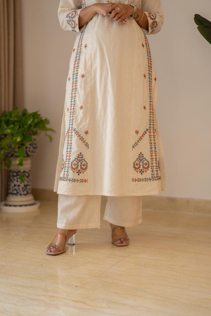 Tamana Embroidered A-line Suit- Off White