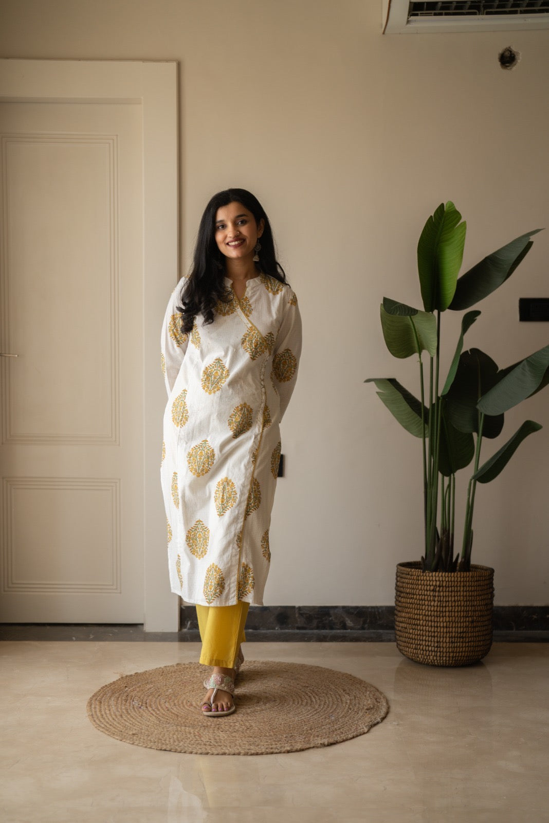 Ruh Angrakha White Boota Set- Yellow