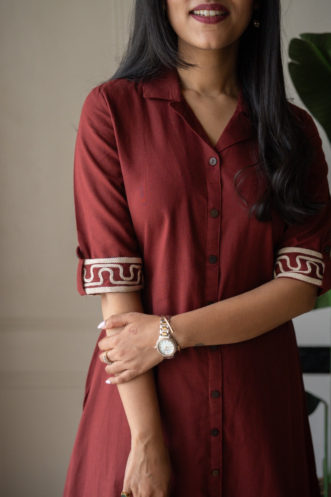 Zavya A-line Embroidered Dress- Brick