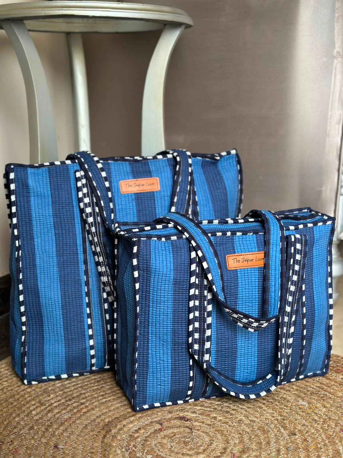 Quilted Tote Bag- Blue Stripes